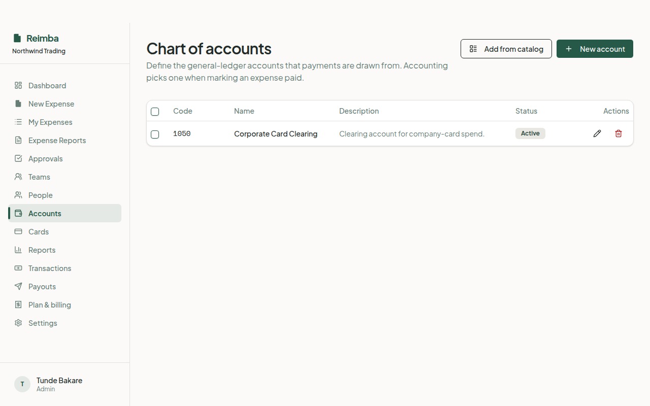 Chart of accounts screen in Reimba