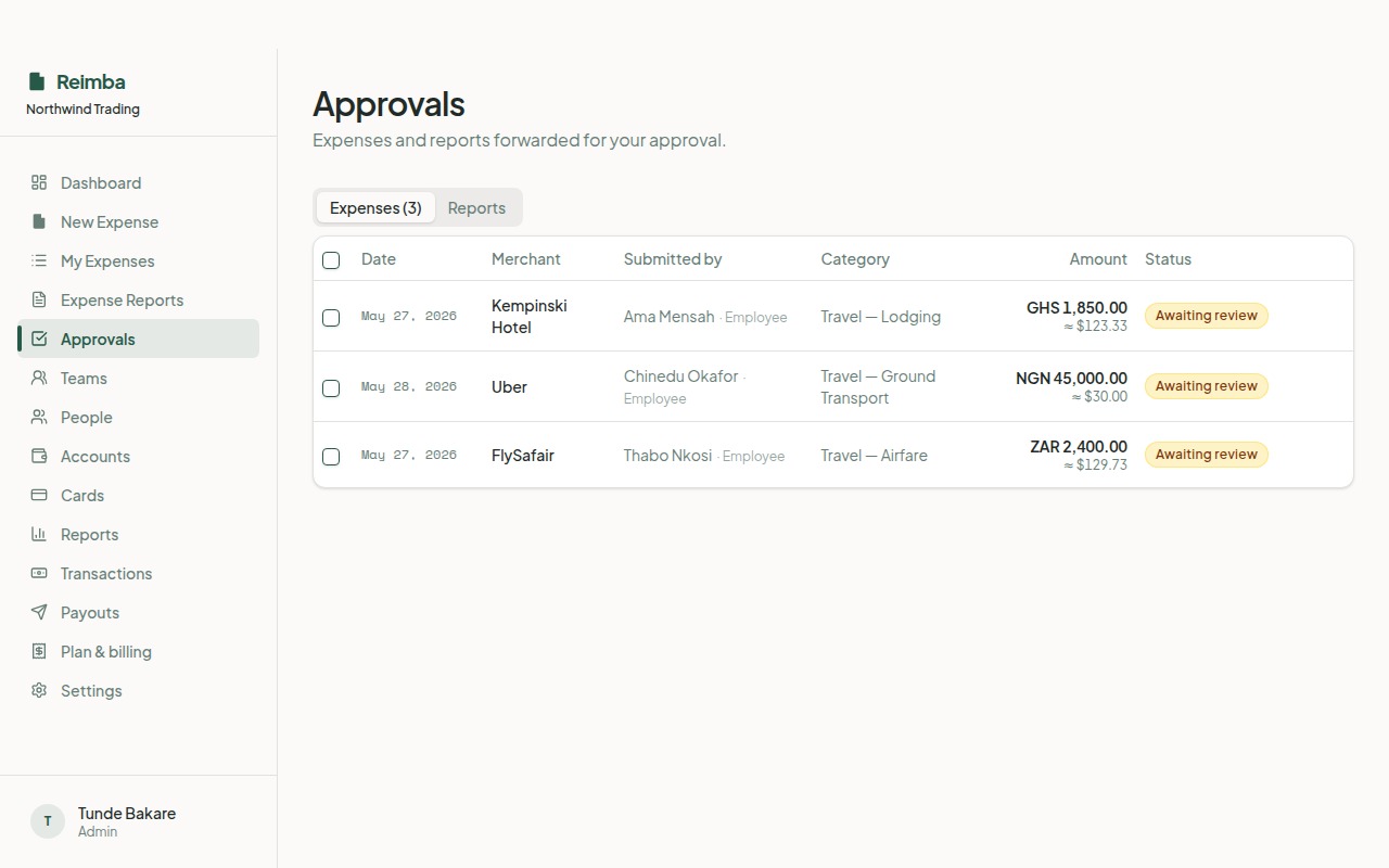 Approvals screen in Reimba